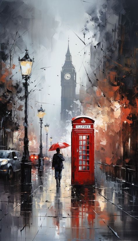 City In The Rain Painting, Rainy London Painting, London Oil Painting, Dreamy Art Wallpaper, London Art Drawing, Peisaj Urban, London Painting, Soyut Sanat Tabloları, City Painting