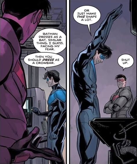 Batman Dc Comics Art, Jason And Batman, Funny Batman Comic Panels, Red Hood Character Design, Nightwing Comic Panel, Red Hood Jason Todd Fanart, Dp X Dc, Red Hood Nightwing, Nightwing And Red Hood