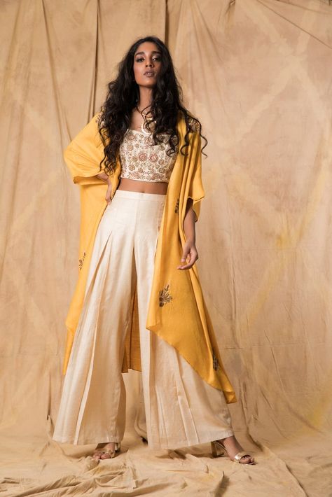 Trousers, Yellow, Mustard, Outfits Indian, Palazzo Pants, Cape, A Woman, Wall, Pants