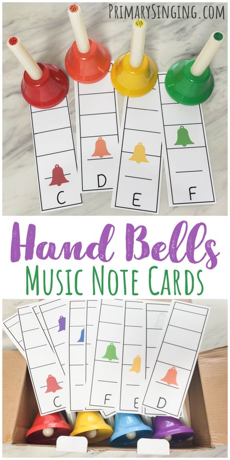 Hand-Bells-Music-Note-Cards Music Activities For Kids, Hand Bell Songs, Hand Bell Music, Montessori Music, Preschool Music Lessons, Music Games For Kids, Music Display, Music Education Activities, Music Christmas