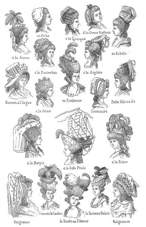 Found this wonderful drawing of over a dozen different 18th century hairstyles. It includes many that might have been warn by Georgina, Duchess of Devonshire. You must click to see the up-do with t... Rococo Hairstyles 18th Century, 1780s Hairstyles, 1775 Fashion, Baroque Hairstyle, 1700s Hairstyles, 18th Century Hairstyles, 18th Century Art, 18th Century Hair, 18th Century Wigs