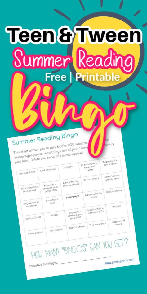 Teen Summer Reading Bingo via @pullingcurls Summer Reading Challenge For Teens, Library Summer Reading Program Ideas, Summer Book Challenge, Summer Reading Bingo, Summer Reading Activities, Challenge For Teens, Reading Bingo, Summer Bingo, Summer Packet