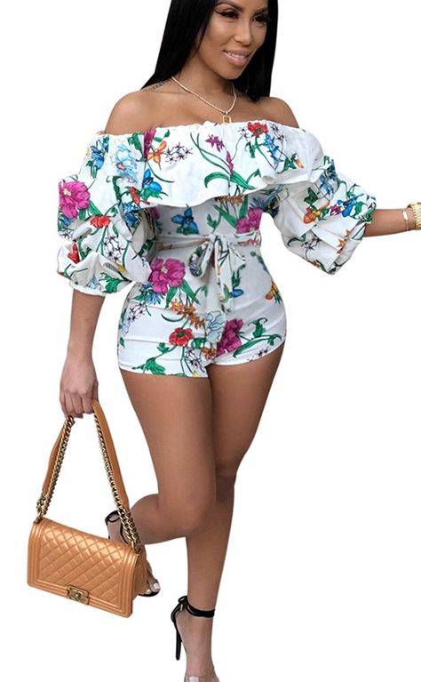 Ruffle Shorts Outfit, Outfit Sets For Women, Off Shoulder Outfits, Two Piece Shorts Set, Collar Jumpsuit, Party Rompers, Floral Print Crop Top, Looks Plus Size, Romper Outfit