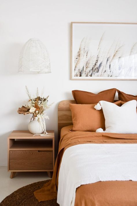 Favourite Linen Brands Roundup — Adore Home Magazine Earthy Bedroom Terracotta, Earthy Colour Bedroom, Bedroom Decor With Wooden Bed, Rust Colour Bedroom Decor, Wooden Bed Styling, Master Bedrooms Decor Terracotta, Natural Colour Home Decor, Rug For Terracotta Room, Rust Colored Sheets