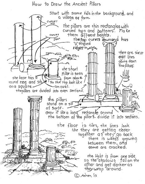 How to Draw The Ancient Roman Pillars Worksheet How To Draw Pillars, Pillar Drawings, How To Draw Buildings, How To Draw Backgrounds, Roman Drawings, Roman Pillars, Drawing Buildings, Basic Drawing, Perspective Drawing