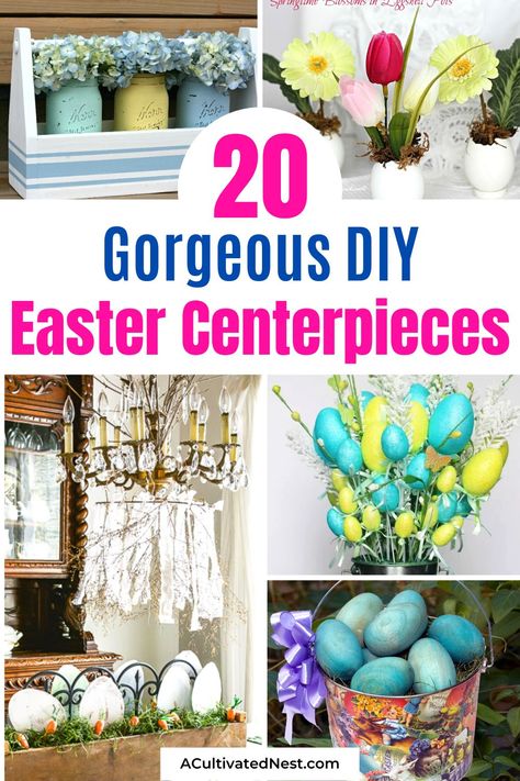 20 DIY Easter Centerpieces to Spruce Up Your Table- Hop into Easter with these adorable DIY Easter centerpieces! Whether you prefer chic or whimsical, these gorgeous centerpiece ideas will make your table shine. | #easterDIY #EasterCrafts #crafts #diyProjcts #ACultivatedNest Easter Decorations Centerpieces, Diy Easter Centerpieces, Easter Basket Centerpiece, Easter Centerpiece Ideas, Easter Table Centerpieces, Easter Centerpieces Diy, Basket Centerpieces, Easter Crafts For Adults, Easter Gathering