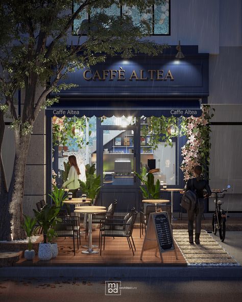 Caffè ALTEA on Behance Mediterranean Coffee Shop, Mediterranean Coffee, Entrance Facade, European Cafe, Blue Cafe, Bakery Design Interior, Architecture Program, Small Cafe Design, Coffee Shop Interior Design