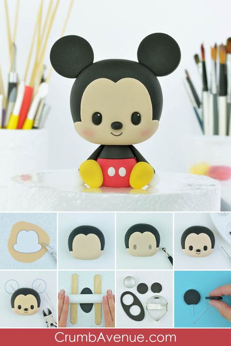 Polymer Clay Mickey Mouse, Clay Figurine Easy, Clay Simple Ideas, Simple Clay Ideas Easy, Simple Clay Ideas, Mickey Mouse Topper, Simple Clay Art, Mickey Mouse Fondant, Easy Polymer Clay Ideas