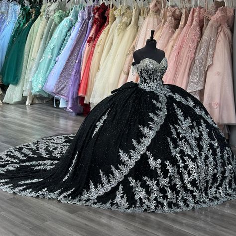 Un vestido inolvidable 🖤✨ 👗: Quinceañera Collection 26060 • • • #houseofwu #quinceaneracollection #quinceañera #princessvibes #princessdress #fairytaledress #quinceaneraphotography #vestidosdequince #sweet15 #quinceaños #ballgown #quince #quincegown #explorepage #formaldress #quincedress #misquince #sparkly #sparkle #princess #fairytale #black #blackdress #sequins #glitter #explore Silver Quince Dresses, Quinceanera Dresses Sparkly, Black Quince Dress, Quince Colors, Princess Quinceanera Dresses, Sparkle Princess, Black Quinceanera Dresses, Quinceanera Collection, Sweet 17