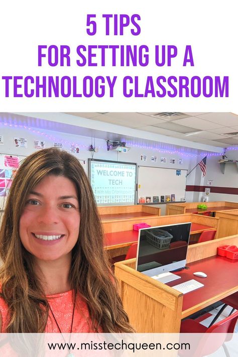 Setting up a Technology Classroom is much different than setting up a traditional classroom. In this blog I talk about 5 tips that have efficiently helped me set up my computer lab throughout the years. This type of classroom setting makes a great learning environment for elementary students! With helpful tips like classroom decor, space planning & classroom organization this will blog will help you set up the perfect technology classroom for your students! #STEM #ComputerLab #TechnologyTeac Computer Lab Ideas Classroom, Middle School Computer Lab Decor, Computer Lab Setup, High School Computer Lab Design, Computer Lab Teacher Ideas, Computer Lab Classroom Layout, Computer Classroom Ideas, Technology Decorations Ideas, Middle School Technology Classroom