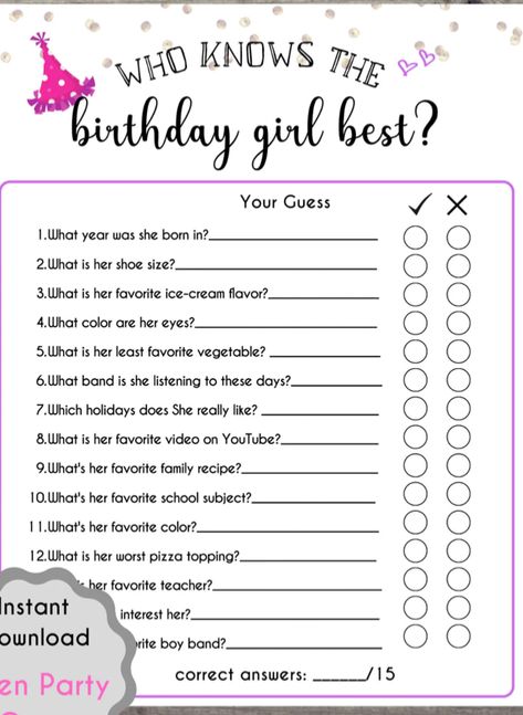 Sweet 16 Activities, Birthday Quizzes, Bingo Cards To Print, Birthday Party Planning Checklist, Sweet 16 Games, Birthday Quiz, Birthday Sleepover Ideas, 15th Birthday Party Ideas, Sweet Sixteen Birthday Party Ideas