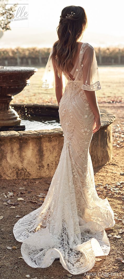 Anna Campbell, Wedding Dress Trumpet, Wedding Dress Mermaid Lace, Anna Campbell Wedding Dress, Anna Campbell Bridal, Boho Wedding Dress With Sleeves, Sheath Wedding Dress Lace, Dresses Romantic, 2020 Wedding Dresses