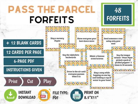 Pass the Parcel Forfeits Birthday Game for Adults & Kids | Etsy Pass The Parcel Game, Family Game Night Ideas, Pass The Prize, Game Night Ideas, Pass The Parcel, Birthday Games For Adults, Group Games For Kids, Birthday Party Game, New Year's Games