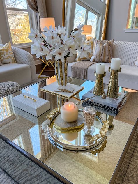 Living Room With Sofa Table, Tan Decor Living Room, Table And Mirror Decor Entryway, Gold Accent Living Room Decor, Gold Theme Living Room, Living Room Gold Accents, Gold And White Home Decor, Mirror Table Decor, Glass Tray Decor