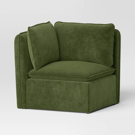 Update your indoor seating space with this Haven Modular French Seam Corner Sofa from Threshold™. Featuring a wooden frame with one-arm silhouette, this corner sofa attaches easily to your sectional sofa on either side for versatile use. It’s draped in a solid-color upholstery with comfy seat and back cushions, making it perfect for turning any spot in your into an oasis of luxurious comfort. Threshold™: Looks like home, feels like you. Corner Sofa Chair, Green Comfy Chair, Sofa On Casters, Modular Corner Chair, Tiny Sectional Sofa, Green Corduroy Couch, Corner Seating Living Room, Living Room Corner Couch, Green Apartment Decor