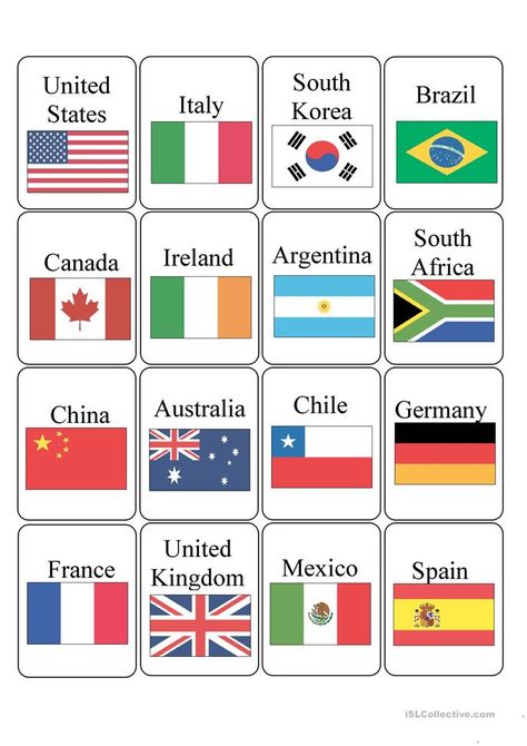 Countries - English ESL Worksheets World Flags Printable, Landforms Worksheet, World Flags With Names, All Country Flags, Harmony Day, Flag Printable, Countries And Flags, Flags With Names, Flag Country