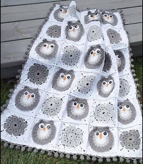 Crochet Owl Blanket, Owl Blanket, Owl Crochet Patterns, Crochet Blanket Designs, Crochet Owl, Baby Afghan Crochet, Crochet Square Patterns, Crochet Throw, Granny Square Crochet Pattern