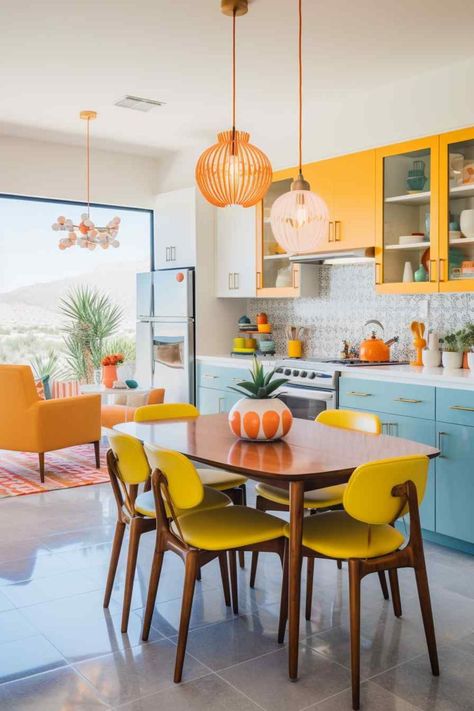 The kitchen space boasts a mid-century modern aesthetic with a bohemian twist, featuring a wooden dining set with yellow chairs, orange pendant lights, and blue cabinetry accented by an orange backsplash. Large windows reveal a scenic view, and colorful accents complete the cheerful, retro vibe. Modern Retro Kitchen, Yellow Chairs, Retro Dining Rooms, Mid Century Dining Room, Dining Room Decor Ideas, Bohemian Twist, Eclectic Dining Room, Mid Century Modern Interior Design, Dining Room Accents