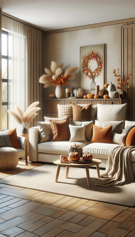 Cozy fall-themed living room with a beige sectional sofa, adorned with orange, brown, and cream pillows and a knitted throw blanket. Wooden coffee table decorated with pumpkins and autumn leaves. Light filters through large windows, giving a warm feel. Pumpkin Living Room, Dark Gray And Burnt Orange Living Room, Brown Windows Interior Living Rooms, Beige Couch Fall Decor, Cream And Orange Living Room, Orange And Cream Living Room, Cream Orange Aesthetic, Beige Living Room With Pop Of Color, Orange Sofa Living Room Ideas