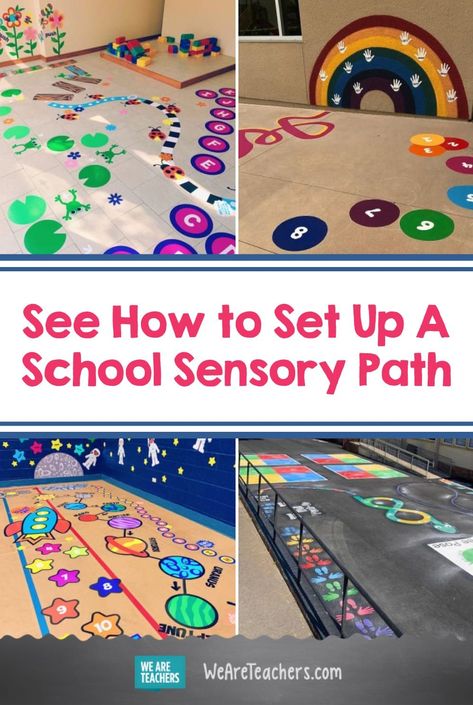 Everything You Need to Know About Setting Up A School Sensory Path. Add a sensory path to your playground or hallway to give kids a place to take a brain break and work out the wiggles. Regulation Room Ideas, Sensory Activities Classroom, Floor Sensory Path, Sensory Floor Ideas, Hallway Activities For Preschool, Sensory Classroom Activities, Sensory Walks In School, Preschool Floor Activities, Cricut Sensory Path