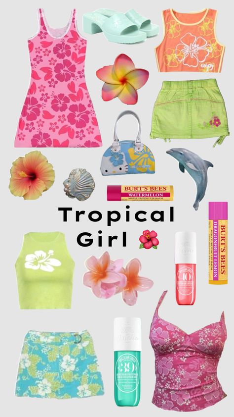 #myfirstshuffle Hawian Theme Outfits, Summer Outfits Aesthetic Colorful, Tropical Core Outfit, Gyaru Tropical, Tropical Summer Outfits, Tropical Outfit Ideas, Beachy Aesthetic Outfits, Tropical Core, Tropical Outfits