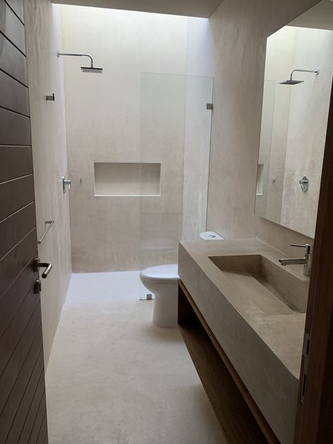 Cement Bathroom Ideas Showers, White Concrete Tiles Bathroom, All Cement Bathroom, Beige Cement Bathroom, Bathroom Cement Wall, Cement Walls Bathroom, Polished Cement Bathroom, White Cement Bathroom, Cement Wall Bathroom