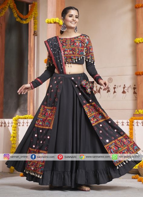 Glossy Black Thread Work Rayon Designer Lehenga Choli Garba Choli, Lehenga Latest, Garba Chaniya Choli, Dandiya Dress, Garba Outfit, Navratri Lehenga, Black Lehenga Choli, Chaniya Choli Designs, Mirror Work Lehenga