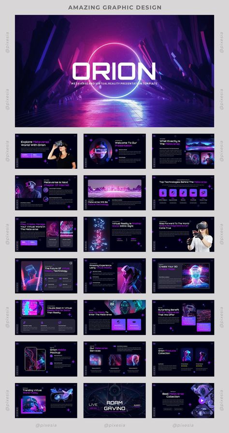 Orion – Metaverse & Virtual Reality Presentation Templates has a professional, ultra-modern and unique design, where each slide is created with love and attention to detail. So, Grab it Fast! 😀 Ui Ux Design, App Promotion, Game Ui Design, Professional Presentation, Graphic Design Lessons, Technology Design, Future Technology, Modern Technology, Virtual World