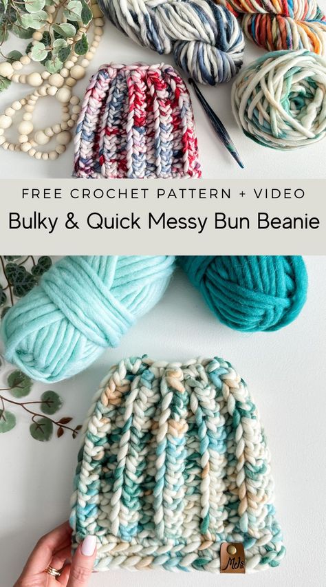 Messy Bun Beanie Crochet Pattern Free, Crochet A Sun, Crochet Messy Bun Hat Pattern Free, Messy Bun Beanie Crochet Pattern, Chunky Beanie Crochet Pattern, Crochet Messy Bun Hat, Quick Messy Bun, Chunky Yarn Crochet Pattern, Messy Bun Hat Crochet Pattern