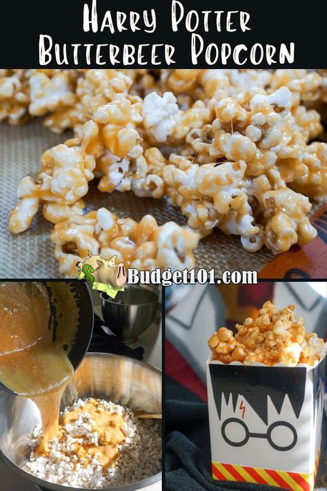 Mix a batch of Harry Potter Butterbeer Popcorn and have a weekend long movie marathon! This butterbeer caramel toffee popcorn will have you going back for seconds and thirds! #butterbeer #harrypotter #hogwarts #slytherin #hermionegranger #potterhead #gryffindor #wizardingworld #harrypotterfan #potter Harry Potter Themed Food Easy, Gryffindor Themed Snacks, Butterbeer Popcorn Recipe, Butter Beer Popcorn, Butterbeer Cinnamon Rolls, Harry Potter Food From Movie, Harry Potter Themed Baked Goods, Harry Potter Fall Recipes, Harry Potter Theme Snacks Food Ideas