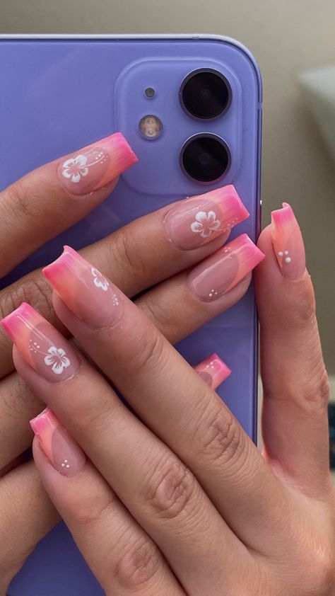 Bright pink and orange French tips coffin shaped gel x nails Beachy Nail Designs, Tropical Vacation Nails, Girly Acrylic Nails, Beach Nail Designs, Sea Nails, Beachy Nails, Tropical Nails, Coral Nails, Summery Nails