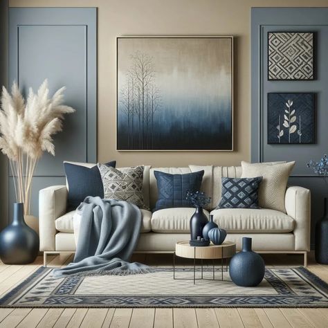 midnight blue and beige living room Grey And Living Room Ideas Color Schemes, Blue Colour Scheme Living Room, Blue Taupe Living Room, Turquoise And Beige Living Room, Navy Blue And Dark Brown Living Room, Sand And Blue Bedroom, Grey Beige Blue Living Room, Blue Couch Pillows Color Schemes, Pops Of Blue Living Room