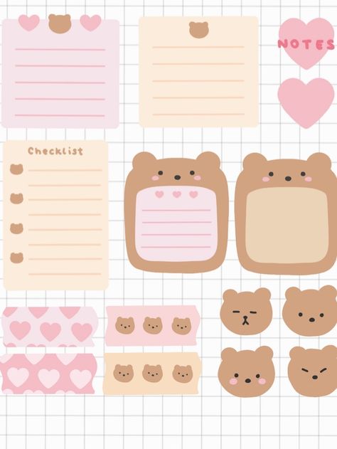 Adorable Pink Heart Kawaii Bear Themed Stickers! Goes adorably with Goodnotes, Notability, and more. #bujo #bulletjournal #digitalplanner #digitalplanning #pink #stickers #kawaii Cute Bear Stickers Printable Kawaii, Kawaii Stickers Aesthetic Korean, Cute Stationery Stickers, Cute Stickers Printable For Journal, Cute Stickers Printable Kawaii Planners, Kawaii Journal Template, Bear Stickers Printable, Pink Stickers Kawaii, Kawaii Stickers Printable Scrapbooking