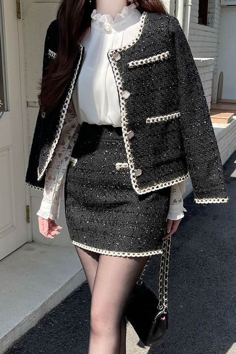 fiona Shy Tweed Twinkle Jacket Skirt Set | 2-Piece for Women | KOODING 90s Tweed Outfit, Korean Two Piece Outfit, Korean Set Outfits, Korean Luxury Fashion, Korean Tweed Outfit, Korean Clothes Shop, Elegant Korean Outfit, Korean Outfits Elegant, Outfit Korean Girl