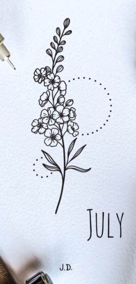 Cute Birth Flower Tattoos, Larkspur Shoulder Tattoo, Larkspur And Narcissus Flower Tattoo, Fine Line Back Of Arm Tattoo, July And August Birth Flower Tattoo, Larkspur Drawing, July Tattoo Ideas, Body Journal, Larkspur Flower Tattoos