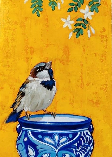 Orange Background Painting Ideas, Sparrow Painting Acrylic, Bird Art Painting, Sparrow Art, Bird Painting Acrylic, Bird Paintings On Canvas, Bird Artwork, Nature Art Painting, Indian Art Paintings