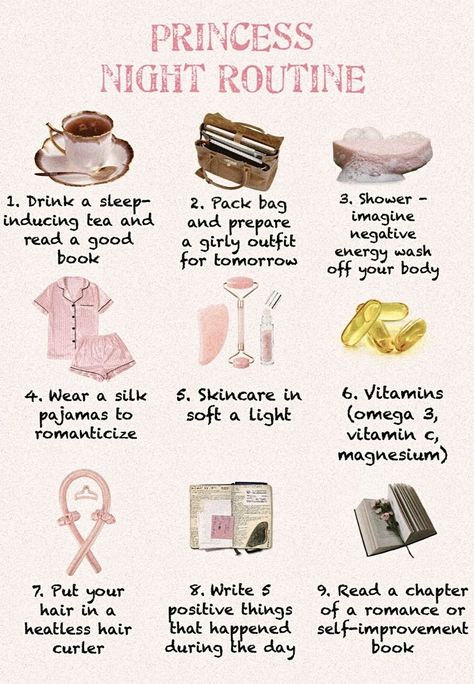 Warm cup of sleep-inducing tea & read 🍵📚 Clean ur room & spray it w a sleep spray 🛌 Prepare a girly outfit & pack ur bag w school books, makeup, & perfume 👛 👠 Take a shower & imagine negative energy wash off your body, then sol de janeiro lotion 🧖‍♀️ Silk pajamas to romanticize ur night routine by feeling like a pretty princess 👚 Skincare in soft light 🧴 Vitamins - omega 3, vitamin c, magnesium 💊 Heatless hair curler 🎀 To do list 📋 To do list 📝 5 positive things 📖 Read 🌙💤 xoxo <3 Teen Skincare Routine, Night Care Routine, Sleep Spray, Night Care, Night Hairstyles, Practicing Self Love, Tea Reading, Natural Detergent, Healthy Morning Routine