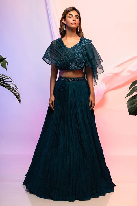Buy Smriti by Anju Agarwal Blue Pleated Lehenga And Blouse Set Online | Aza Fashions Pleated Lehenga, Lehenga And Blouse, Organza Embroidery, Blue Lehenga, Lehenga Skirt, Elegant Blouse Designs, Weeding Dress, Designer Blouse Patterns, Embroidery Floral