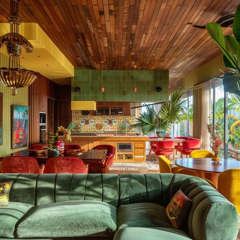 70d Interior Design, 80s Retro Living Room, 60s House Interior Retro, Modernized 70s Home, Colorful 70s Living Room, Interior Design 70s Modern, 1980s House Aesthetic, 70 House Decor, Modern 70s Interior Design