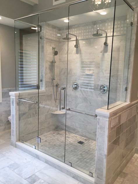 Showers Next To Toilets, Toilet Between Shower And Tub, Wood Tile Accent Wall Shower Ideas, Shower Behind Vanity Wall, Double Shower Head Master Baths, Double Shower Head, Double Shower Heads, Makeover Kamar Mandi, Master Bath Shower