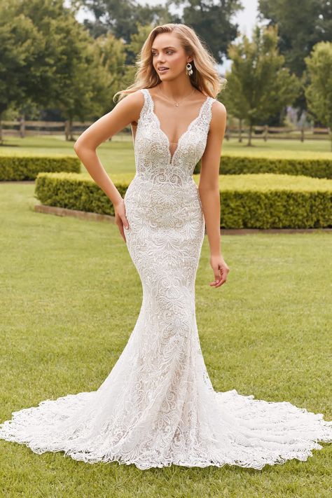 Stylish Wedding Dress with Allover Lace Frankie. Description: <style type="text/css"><!-- td {border: 1px solid #ccc;}br {mso-data-placement:same-cell;} --></style> <div class="product-detailed-description theme-typo"><span data-sheets-value="{"1":2,"2":"The magic is in the details in our stylish fit and flare wedding dress Frankie. Featuring a plunging V-neckline, the flattering gown is created from artfully placed guipure allover lace. The Sophia Tolli Wedding Dresses, Sophia Tolli, Bridal Gallery, Stylish Wedding Dresses, Couture Wedding Gowns, Fit And Flare Wedding Dress, Designer Bridal Gowns, Mothers Dresses, Stylish Wedding