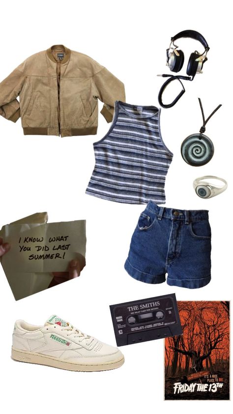 summer slasher outfit inspo #summerslasher #vintage #outfitinspo #80s #fridaythe13th ￼#slashersummer #slasherfilms #horror Slasher Summer Outfits, Camp Counselor Outfit, Summer Slasher, 80s Summer Outfits, Aphrodite Altar, Summer Camp Outfits, Slasher Summer, Summer Camp Aesthetic, 80’s Outfits