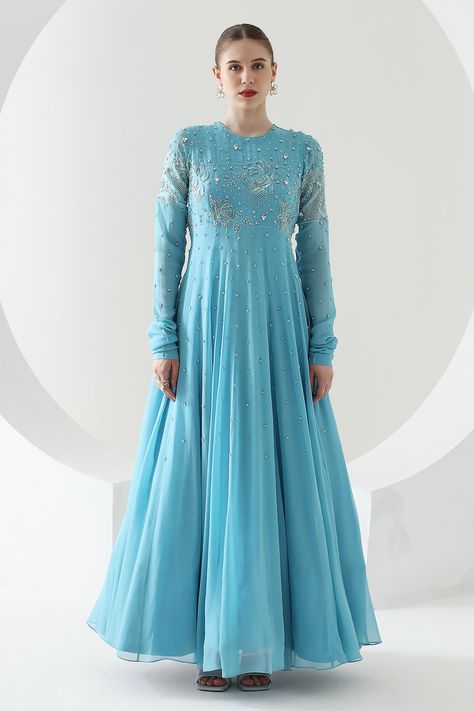 Blue Churidar, Anarkali For Women, Churidar Sleeves, Anarkali Patterns, Designer Sharara Suits, Flared Anarkali, Floor Length Anarkali, Sharara Suit, Pattern Embroidery