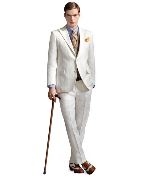 His look minus the cane!!! The Great Gatsby Movie, Groomsmen Dress, Tuxedo Wedding Suit, White Linen Trousers, 1920s Mens Fashion, Suit Groom, Great Gatsby Wedding, Linen Men, White Linen Pants