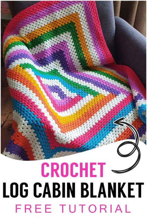 Granny Log Cabin Crochet Pattern, Log Cabin Crochet Blanket Pattern Free, Crochet Log Cabin Blanket Pattern, Campfire Blanket Crochet, Quick Easy Crochet Patterns, Log Cabin Crochet Pattern Free, Crochet Granny Square Blanket Free Pattern, Log Cabin Granny Square Crochet Blankets, Log Cabin Crochet Pattern