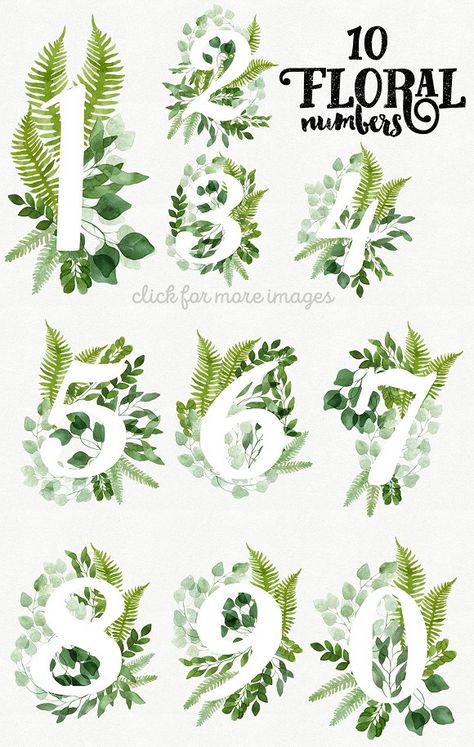 10 Watercolor Floral Numbers by Helga Wigandt on @creativemarket Watercolor Numbers, Flower Numbers, Floral Numbers, Leaves And Branches, Watercolor Lettering, Creative Sketches, Pencil Illustration, Watercolor Cards, Watercolor Floral