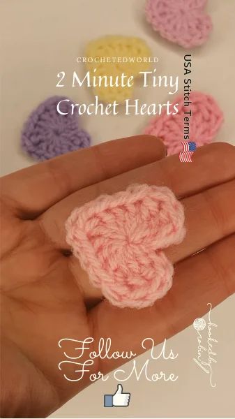 2 Minute Tiny Crochet Hearts Mini Crochet Hearts Pattern, Heart Applique Crochet Free Pattern, Amigurumi Patterns, Crochet Tiny Hearts Free Pattern, Small Crocheted Hearts, Crochet Heart Pattern Tutorial, Crochet Tiny Heart Applique, Crocheted Valentine Hearts, How To Crochet A Tiny Heart