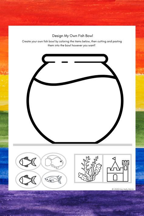 A free printable PDF preschool activity where kids can color, cut, and paste to create their own fish bowl however they like.  #preschoolactivity #preschoolprintable #freeprintable #preschoollearning #printable #cuttingactivity #pastingactivity #coloringpage #freecoloringactivity #freeactivity #activityforkids #kidsactivity #preschoolactivities #summerlearning #fisforfish Fish Art Toddlers, Pet Week Preschool, Pet Activities For Toddlers, Preschool Pet Activities, Fish Preschool, Rainbow Fish Activities, Pet Study, Pets Preschool, Fish Activities