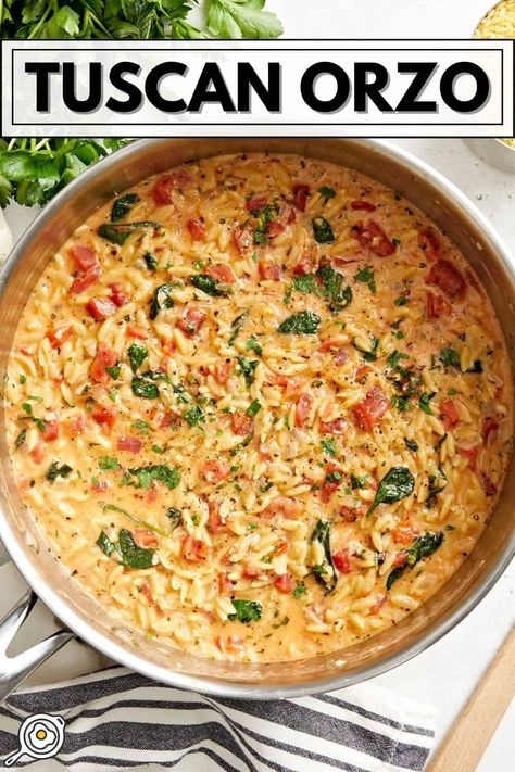 Things To Make With Orzo Pasta, Orzo Pasta Meals, Tucson Chicken Orzo, Casserole Dish Meals, Cozy One Pot Meals, Italian Weeknight Dinner, Saffron Orzo Recipes, One Dish Meals Easy Healthy, Creamy Orzo With Spinach