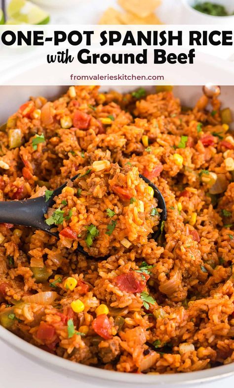 This easy one-pot Spanish Rice with Ground Beef is an excellent side dish choice or add your favorite toppings for an economical, family-friendly meal. #spanishrice #rice #onepot #sidedish Spanish Rice With Ground Beef, Spanish Rice Recipe With Ground Beef, Mexican Beef And Rice Skillet, Rice With Ground Beef, Rice And Beef, Crockpot Shredded Chicken, Spanish Rice Recipe Easy, Grain Dishes, Spanish Rice Easy